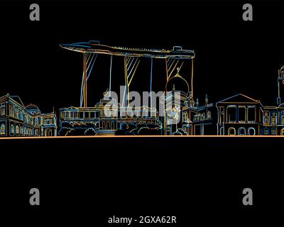 Singapore Skyline colorée dessin sur noir. Dessin vectoriel bien conçu pour une utilisation privée et commerciale. Illustration de Vecteur