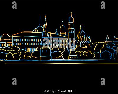 Panorama Moscou coloré dessin sur noir. Croquis vectoriel bien conçu pour une utilisation privée et commerciale. Illustration de Vecteur