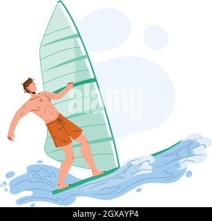 Planche à voile Homme surfer athlète sur Wavy Sea Vector Illustration de Vecteur