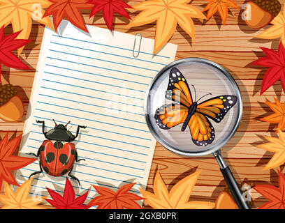 Vue de dessus d'une table en bois avec du papier vierge et des insectes et des feuilles d'automne Illustration de Vecteur