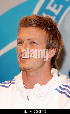 David Beckham au lancement de "l'Académie David Beckham", Trinity Bouy Wharf, Londres E14, 14 mars 2005. Banque D'Images