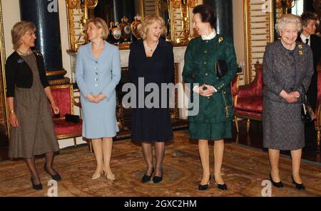 La reine Elizabeth II se tient avec (de gauche) la duchesse de Gloucester, Sophie, comtesse de Wessex, Camilla, duchesse de Cornwall et la princesse Anne, princesse Royale, à la réception femmes d'affaires à Buckingham Palace à Londres le 14 février 2007.Le regroupement est organisé pour les femmes d'affaires les plus prospères du pays. Banque D'Images