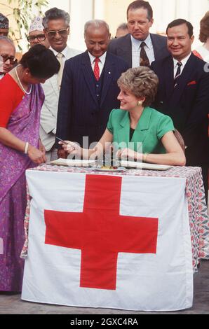 Diana, princesse de Galles, visite un centre de la Croix-Rouge au Népal en 1985.Ses fils, le prince William et le prince Harry, ont également montré leur appréciation du travail de la Croix-Rouge en aidant à envoyer des colis d'aide aux victimes du tsunami depuis Bristol le 7 janvier 2005. Banque D'Images