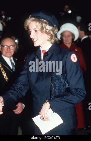 Diana, princesse de Galles, visite un centre de la Croix-Rouge à Bristol en décembre 1984.Ses fils, le prince William et le prince Harry, ont également montré leur appréciation du travail de la Croix-Rouge en aidant à envoyer des colis d'aide aux victimes du tsunami depuis Bristol le 7 janvier 2005. Banque D'Images
