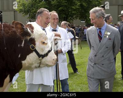 Le Prince Charles, Prince de Galles, observe le jugement des Bulls d'Hereford et présente les prix au Three Counties Show à Malvern, dans le Worcestershire. Banque D'Images