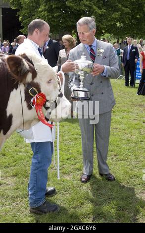 Le Prince Charles, Prince de Galles, observe le jugement des Bulls d'Hereford et présente les prix au Three Counties Show à Malvern, dans le Worcestershire. Banque D'Images