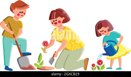 Mère avec son et fille plante fleurs vecteur Illustration de Vecteur