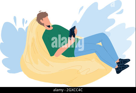 Man Relax on Bean Bag et jouer sur Phone Vector Illustration de Vecteur