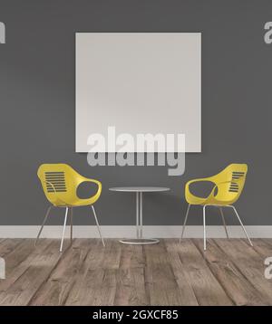 Salle de bureau moderne et puriste avec affiche maquette vierge sur un mur gris, rendu 3d Banque D'Images