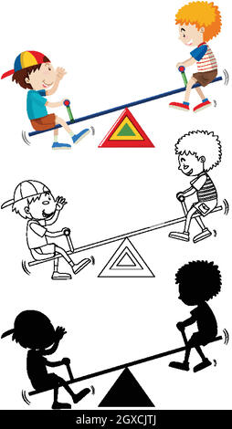 Deux enfants paliaient la seesaw avec son contour et sa silhouette Illustration de Vecteur