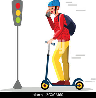 Homme imprudent conduisant Kick Scooter sur l'illustration du vecteur de rue Illustration de Vecteur