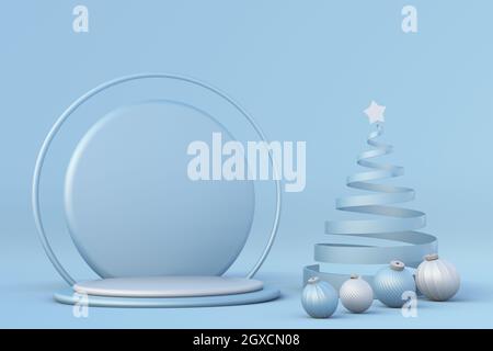 Noël fête bleu hiver composition 3d. Scène réaliste, podium, studio de Noël. Un cadre de fête minimal pour le nouvel an avec un sapin de Noël abstrait Banque D'Images