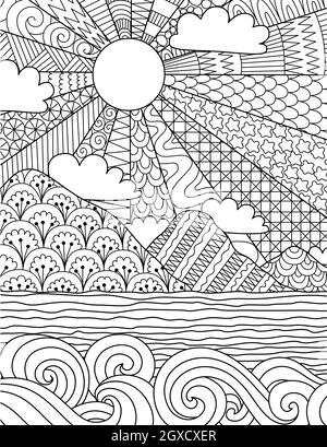 Abstrait ligne complexe art du lever du soleil sur la plage pour l'arrière-plan, livre de coloriage, page de coloriage avec la taille 8.5x11. Illustration vectorielle. Illustration de Vecteur