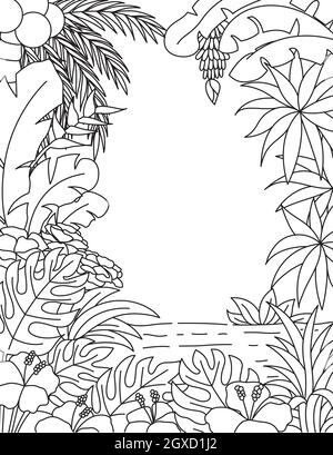 Cadre de plantes tropicales avec espace de copie pour élément de design, livre de coloriage pour adultes, page de coloriage. Illustration vectorielle Illustration de Vecteur