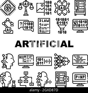 Les icônes du système d'intelligence artificielle définissent une illustration isolée Illustration de Vecteur