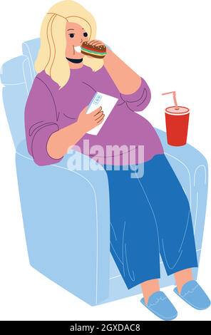 Les filles en surpoids mangent des aliments rapides dans fauteuil Vector Illustration de Vecteur