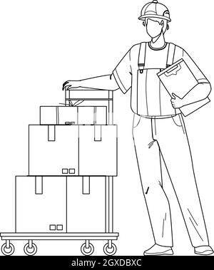 Employé du service de livraison de véhicules avec chariot Vector Illustration de Vecteur