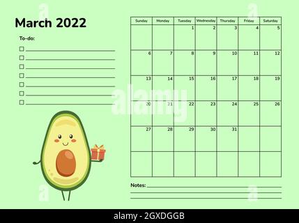 Planificateur horizontal 2022 avec avocat. Page du calendrier de mars. Modèle de vecteur d'horaire du planificateur d'organiseur. Pages mensuelles. La semaine commence le dimanche Illustration de Vecteur