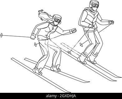 Homme et femme ski en descente depuis Hill Vector Illustration de Vecteur