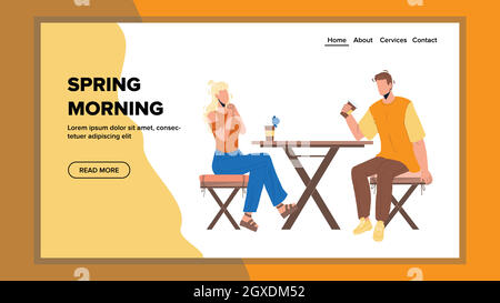 Spring Morning Boy and Girl Drinking Coffee Vector Illustration de Vecteur