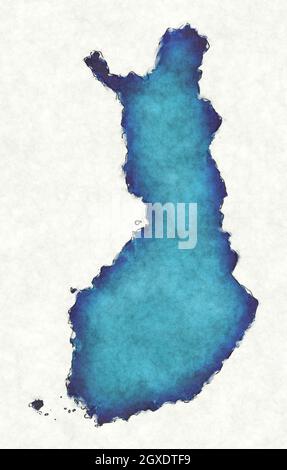 Carte de Finlande avec lignes dessinées et illustration bleu aquarelle Banque D'Images