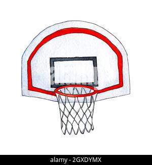 Panier de basket-ball à motif aquarelle avec dos. L'illustration basket-ball et objectif combine un dessin au crayon et un croquis aquarelle. Isolé sur fond blanc Banque D'Images