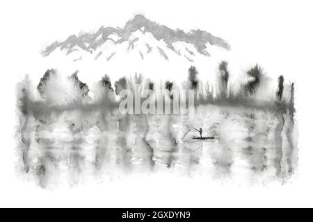 Paysage noir de sumi japonais abstrait, montagne et lac, fond d'aquarelle de grunge naturel, art de l'encre, illustration du nouvel an Banque D'Images