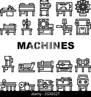 Les icônes de la collection Industrial machines définissent Vector Flat Illustration de Vecteur