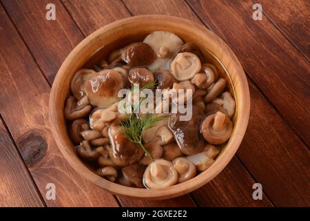 Bol en bois avec champignons de la forêt marinés faits maison, miel et agarics, sur une vieille planche en bois. Aliments sains fermentés. Banque D'Images