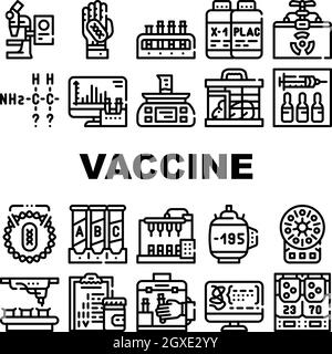 Les icônes de la collection de production de vaccins définissent le vecteur à plat Illustration de Vecteur