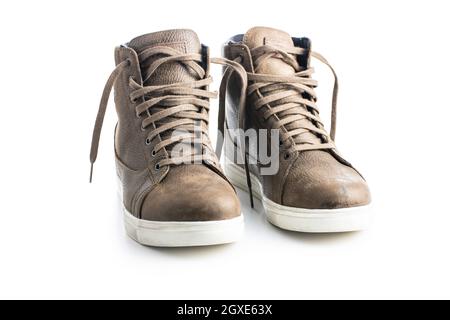 Street Motorcycle cuir chaussures isolées sur fond blanc. Banque D'Images