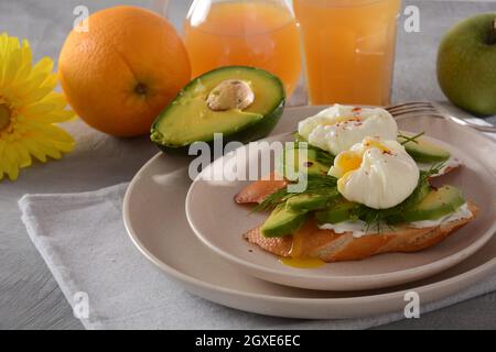 Œufs pochés et sandwichs avec avocat. Tranches d'avocat et d'œuf sur du pain grillé pour un petit déjeuner sain ou une collation Banque D'Images