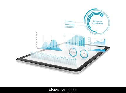 Diagrammes et graphiques projetés à partir d'une tablette numérique sur fond blanc Banque D'Images