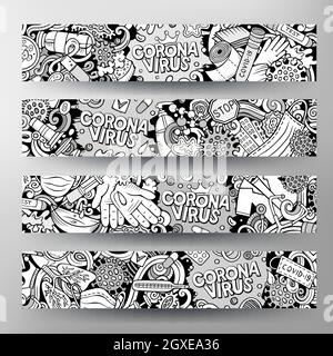 Ensemble de bannières horizontales de jolis dessins animés à motif coronavirus Illustration de Vecteur