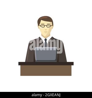 Homme d'affaires utilisant son icône d'ordinateur portable dans un style de dessin animé sur un fond blanc Banque D'Images