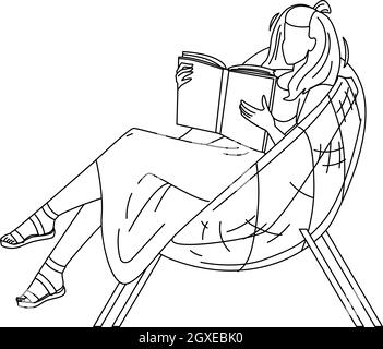 Femme assis dans la chaise et lire le livre dans le patio Vector Illustration de Vecteur