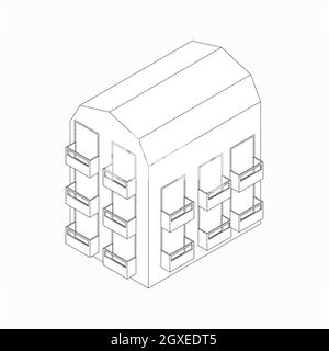 Bâtiment de faible hauteur avec balcons, icône de style 3D isométrique isolée sur fond blanc Banque D'Images