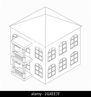 Bâtiment de faible hauteur avec icône de porche en style 3D isométrique isolé sur fond blanc Banque D'Images