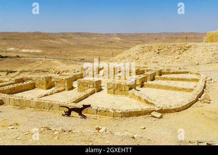 Vue sur la presse à vins en ruines dans l'ancienne ville nabatéenne d'Avdat, aujourd'hui parc national, dans le désert du Néguev, au sud d'Israël Banque D'Images