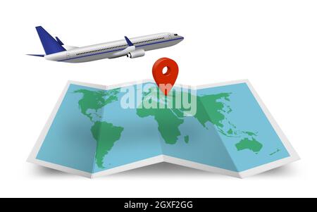 Avion commercial, carte, pointeur Banque D'Images