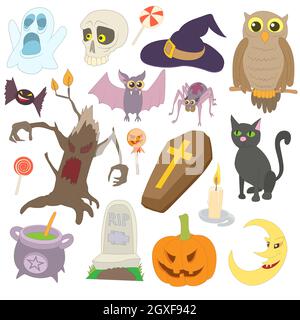 Icônes d'Halloween définies dans un style de dessin animé isolé sur fond blanc Banque D'Images