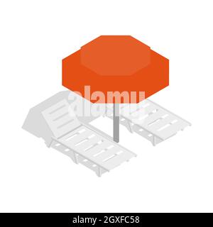 Parapluie de plage et deux chaises de plage, icône en 3D isométrique sur fond blanc Banque D'Images
