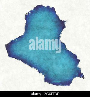 Carte de l'Irak avec lignes dessinées et illustration bleu aquarelle Banque D'Images