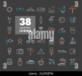 Icônes vectorielles d'été définies sur fond sombre. Affiche d'été. Symbole graphique pour la conception, le logo, l'application, l'interface utilisateur du site Web et des applications de voyage et de tourisme Banque D'Images