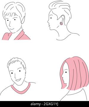 Quatre coiffures de personnes dans le style unisexe. Ensemble d'illustrations vectorielles en dessin ou en contour manuel Illustration de Vecteur