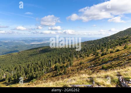 Vue pittoresque sur les montagnes polonaises Giant avec la ville de Jelenia Gora en arrière-plan Banque D'Images