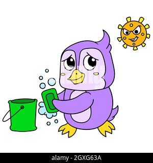 les pingouins se lavent les mains avec du savon, ils ne sont donc pas attaqués par la viruse bactérienne Illustration de Vecteur