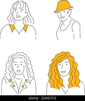 Émotions de joie. Quatre filles à la mode. Ensemble d'illustrations vectorielles en dessin ou en contour manuel Illustration de Vecteur