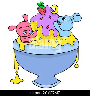 glace dans un grand bol rempli de lapins jouant Illustration de Vecteur
