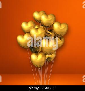 Ballons en forme de coeur doré sur fond de mur orange. Rendu de l'illustration 3D Banque D'Images